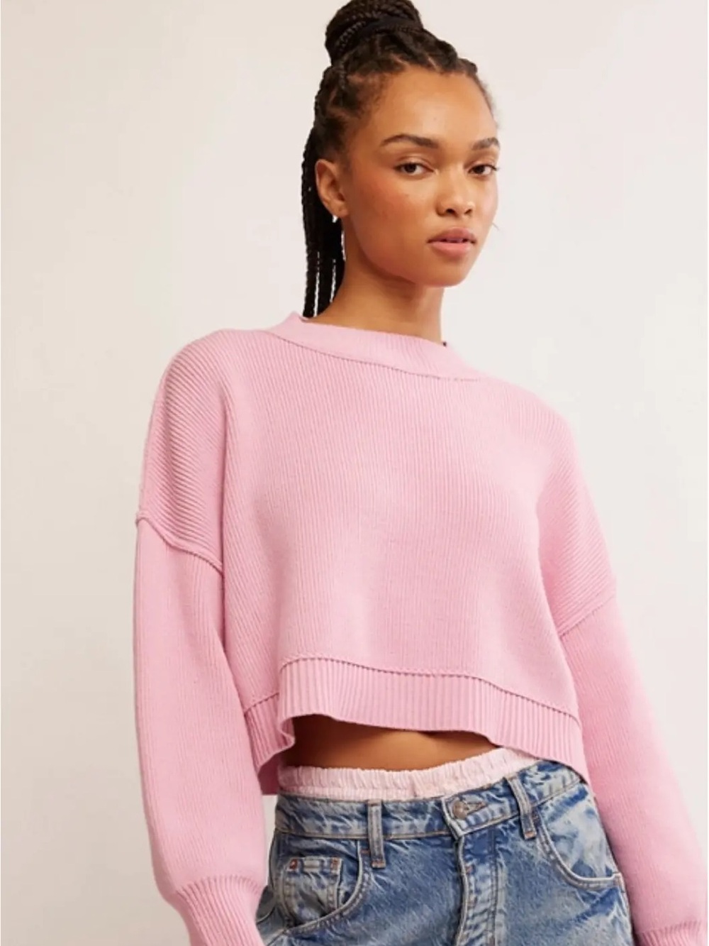 Free People Blush Pink Cropped Crewneck Sweater